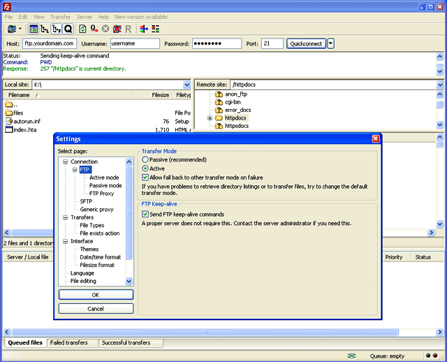 Filezilla settings for active mode transfer